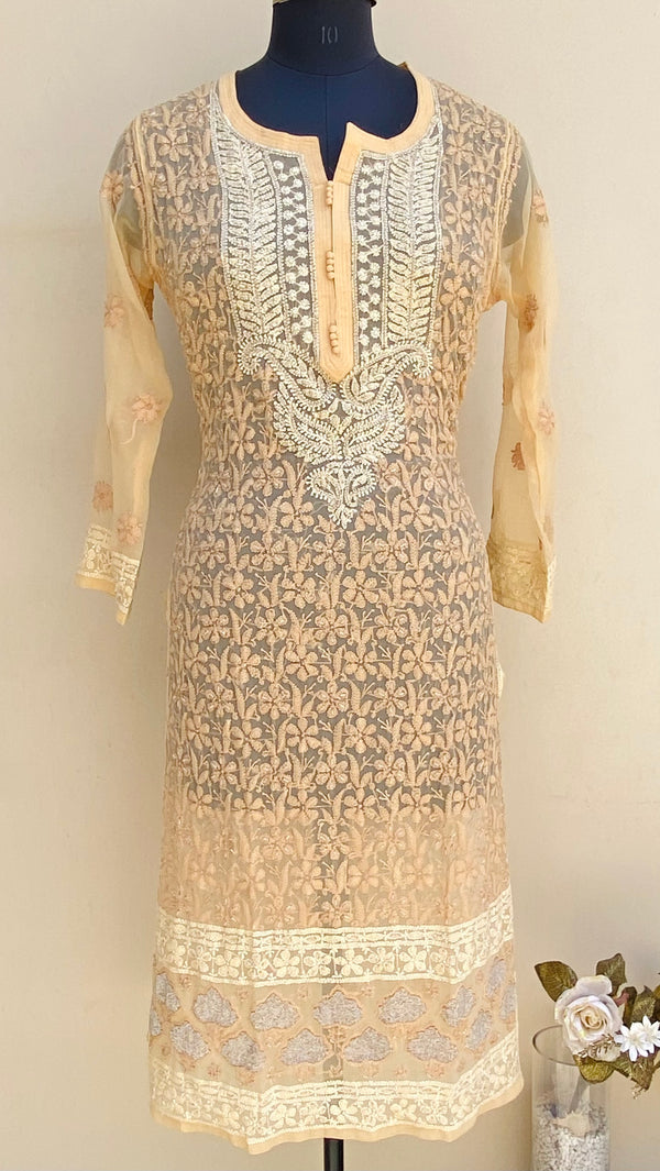 Lucknowi Chikankari Kurti Beige Georgette With Cutdana & Resham Work