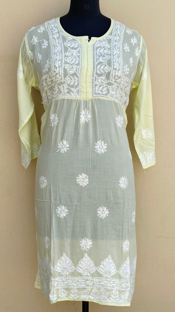 Lucknowi Chikankari Kurti Lemon Yellow Modal Cotton With Pockets
