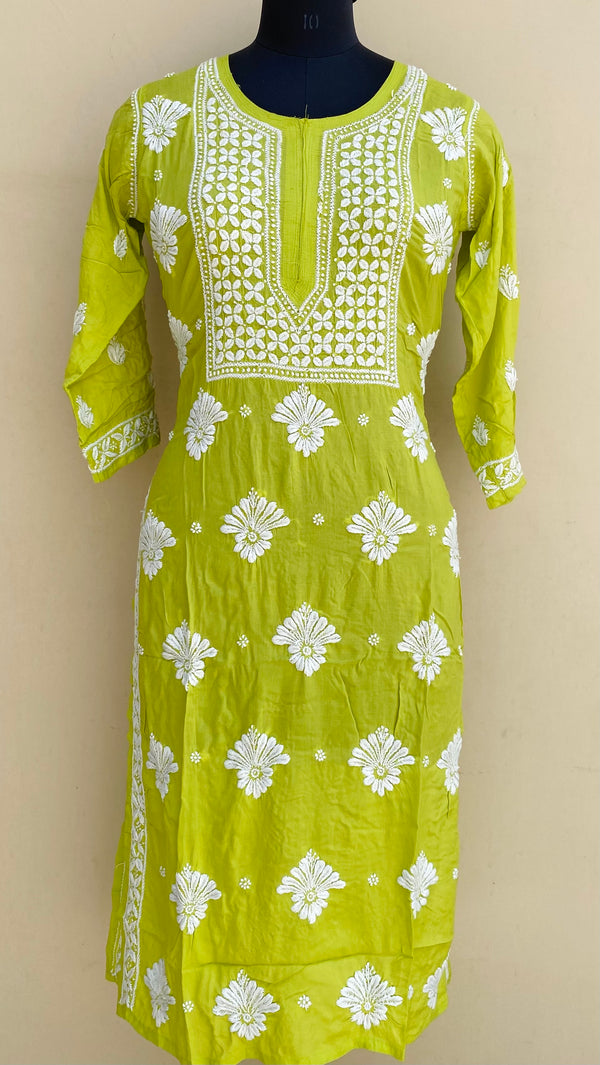 Lucknowi Chikankari Kurti Parrot Green Modal Cotton
