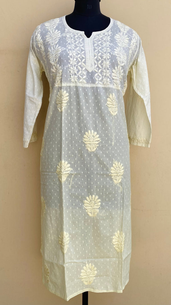 Lucknowi Chikankari Ombre Self Kurti Yellow Mulmul Cotton With 3D Work With Pockets