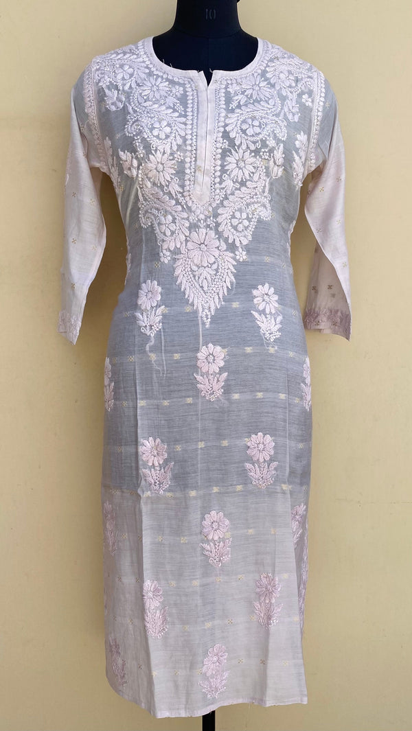Lucknowi Chikankari Ombre Self Kurti Powder Pink Mal Chanderi With 3D Work