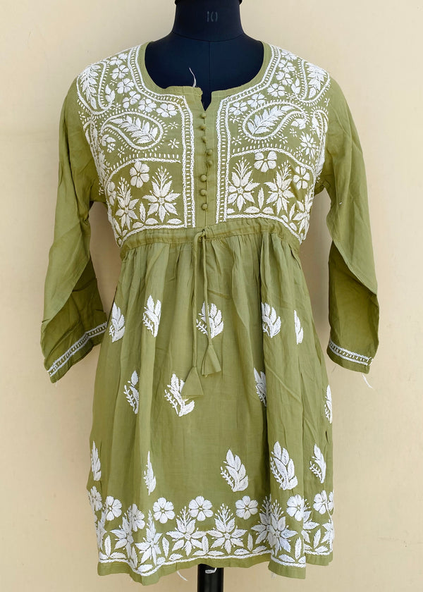 Lucknowi Chikankari Short Kurti Mehandi Green Modal Cotton