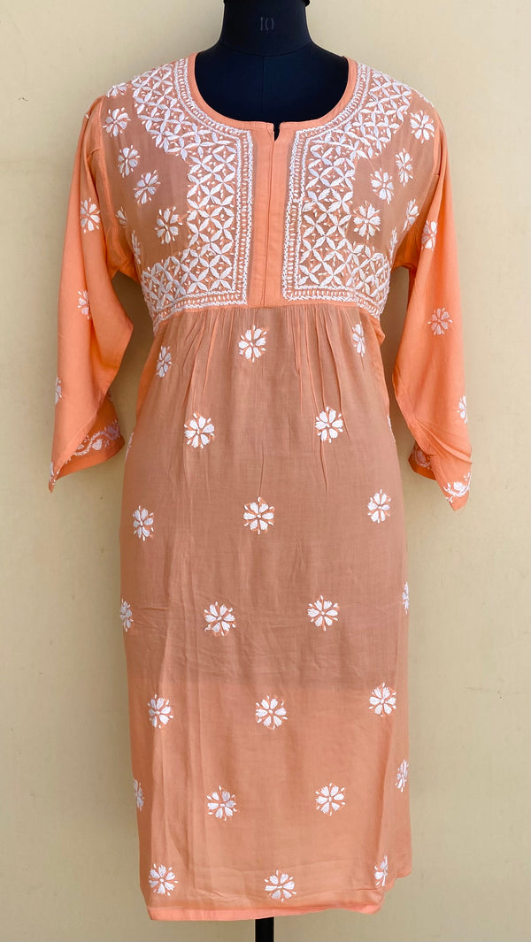 Lucknowi Chikankari Kurti Peach Modal Cotton With Pocket