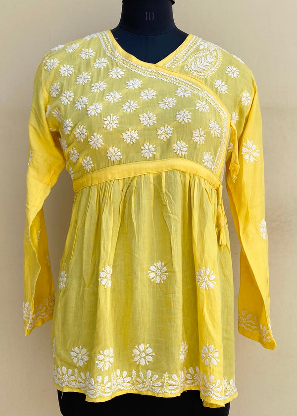 Lucknowi Chikankari Short Kurti Yellow Modal Cotton