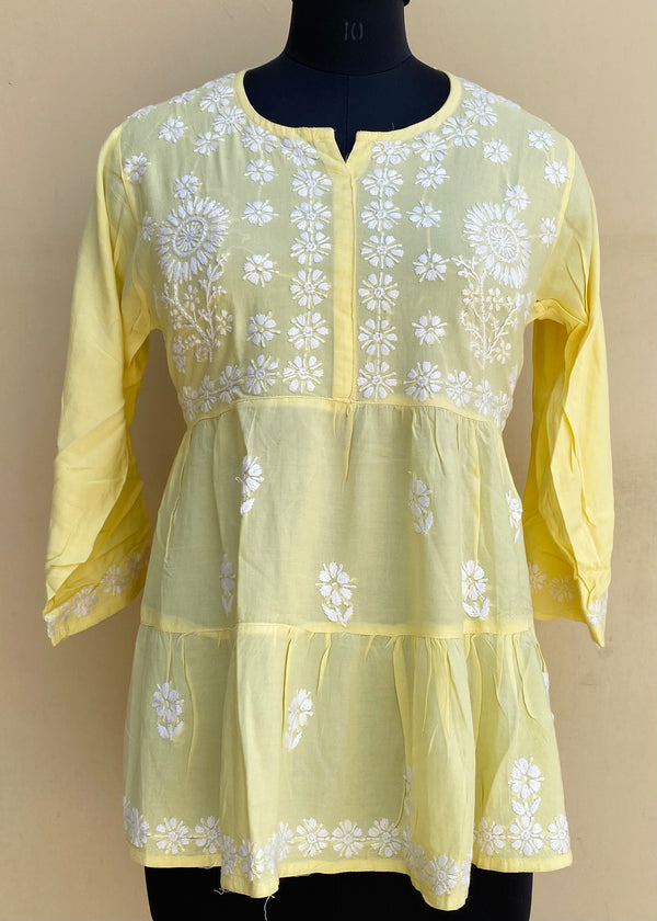 Lucknowi Chikankari Short Kurti Yellow Modal Cotton