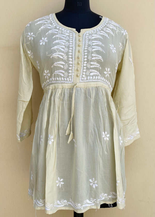 Lucknowi Chikankari Short Kurti Cream Modal Cotton