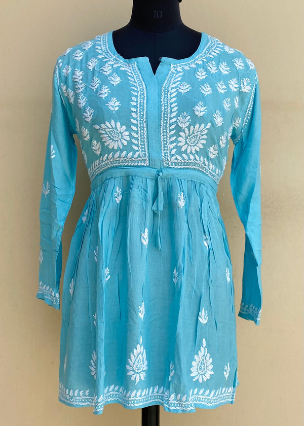 Lucknowi Chikankari Short Kurti Blue Modal Cotton