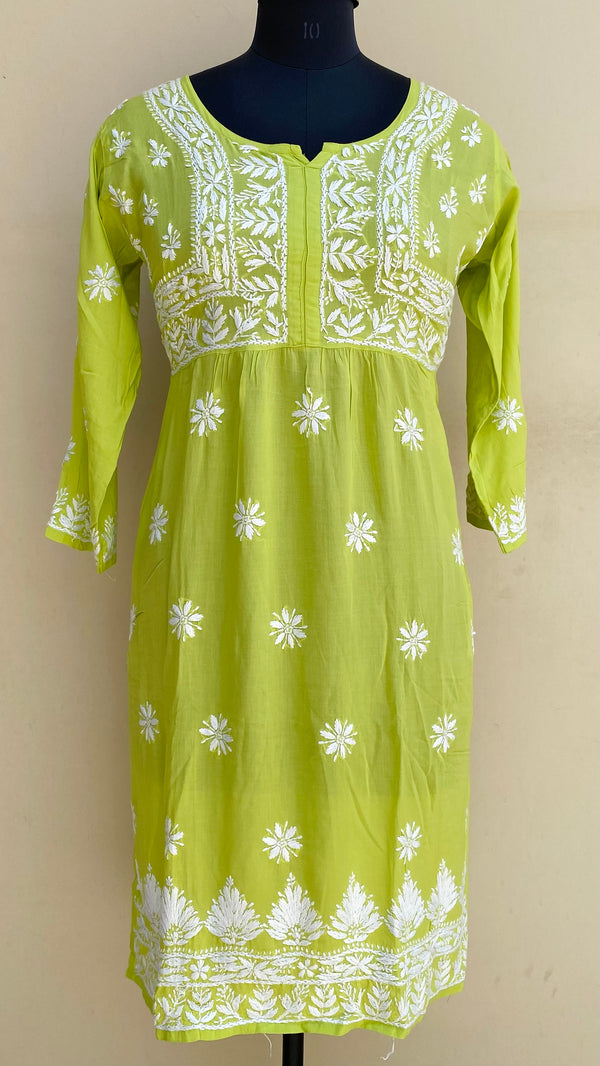 Lucknowi Chikankari Kurti Parrot Green Modal Cotton With Pockets