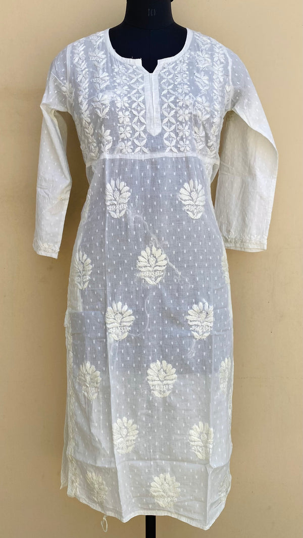 Lucknowi Chikankari Ombre Self Kurti Cream Mulmul Cotton With 3D Work