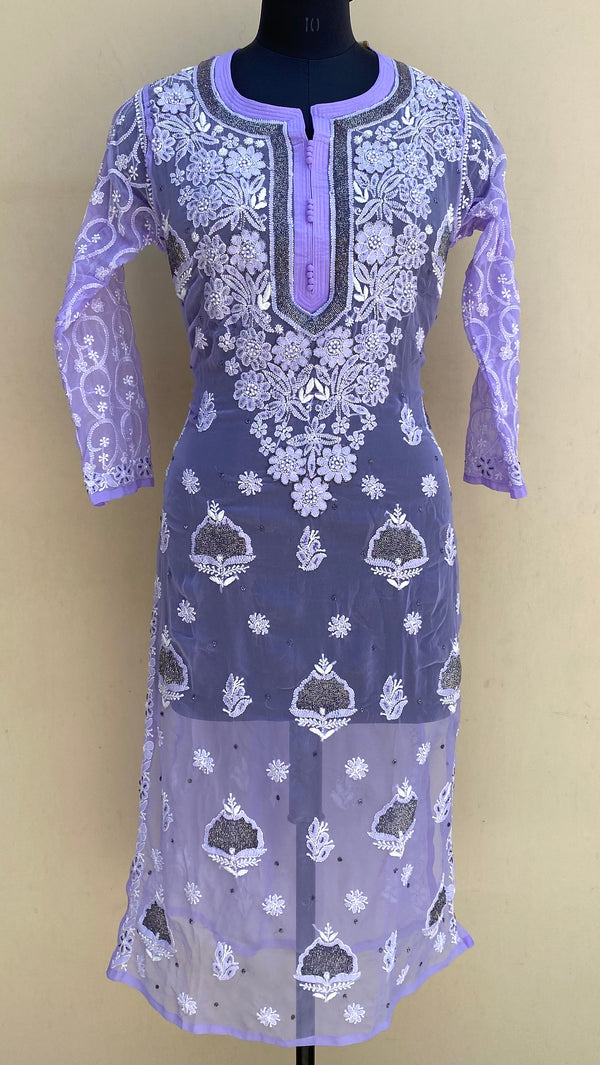 Lucknowi Chikankari Kurti Purple Georgette With Cutdana Work