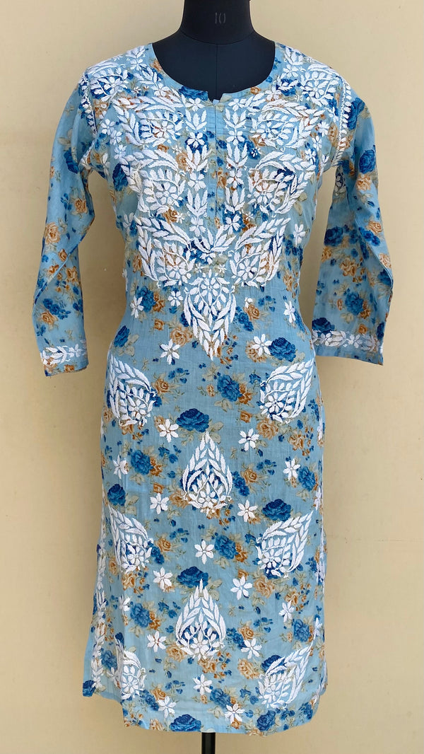 Lucknowi Chikankari Printed Kurti Blue Mulmul Cotton