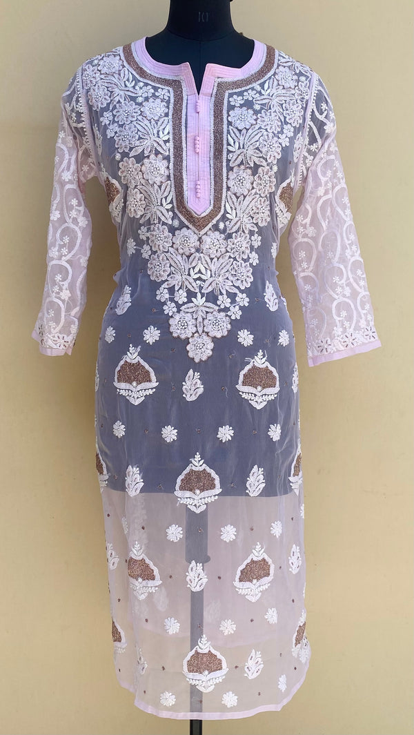 Lucknowi Chikankari Kurti Pink Georgette With Cutdana Work