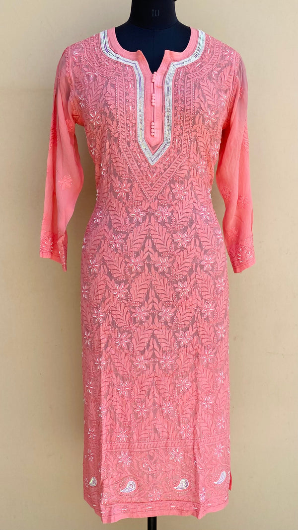 Lucknowi Chikankari Kurti Pink Pure Georgette With Pearl, Sequence & Resham Work