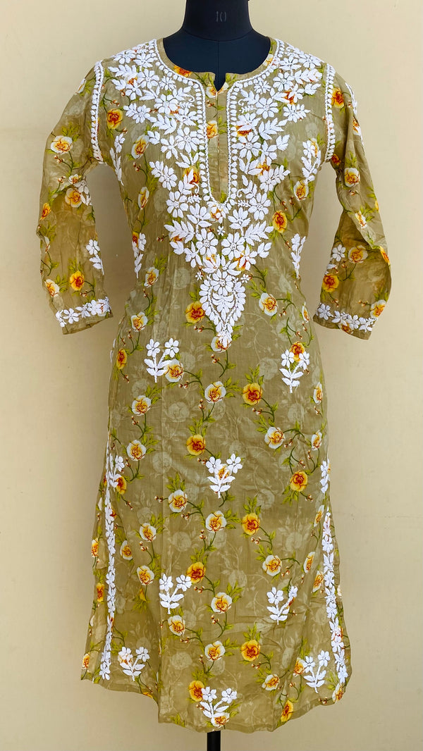 Lucknowi Chikankari Printed Kurti Beige Mulmul Cotton