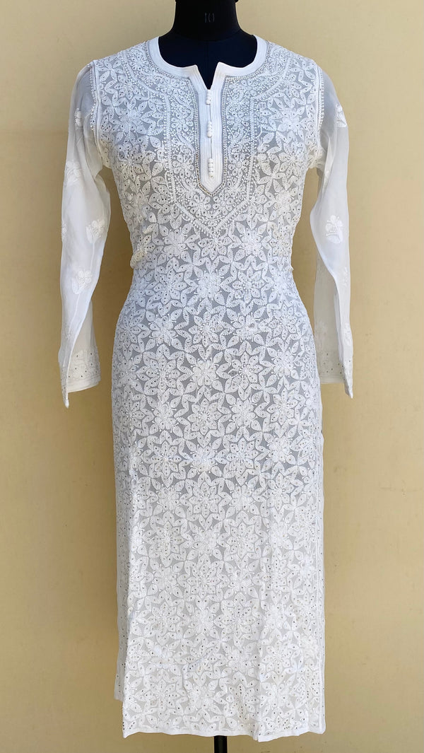 Lucknowi Chikankari Kurti White Pure Georgette With Mukaish & Resham Work