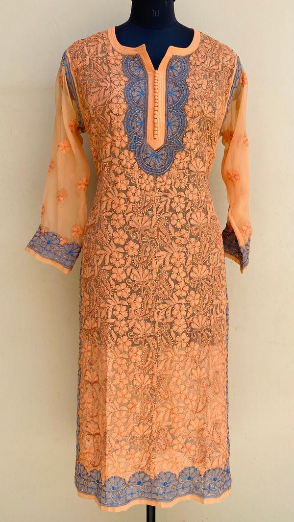 Lucknowi Chikankari Kurti Orange Georgette With Cutdana Work