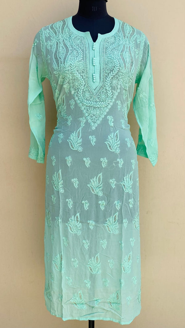 Lucknowi Chikankari Kurti Green Pure Georgette With Mukaish & Resham Work