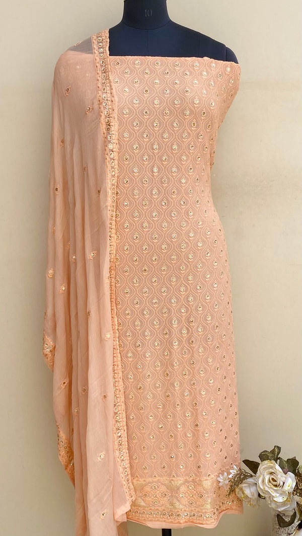 Chikankari Suit Length 3 Piece Peach Georgette With Sequence Work