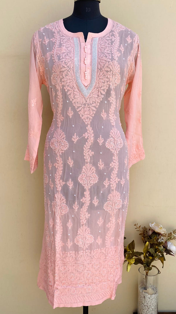 Lucknowi Chikankari Kurti Pink Pure Georgette With Cutdana & Pearl Work