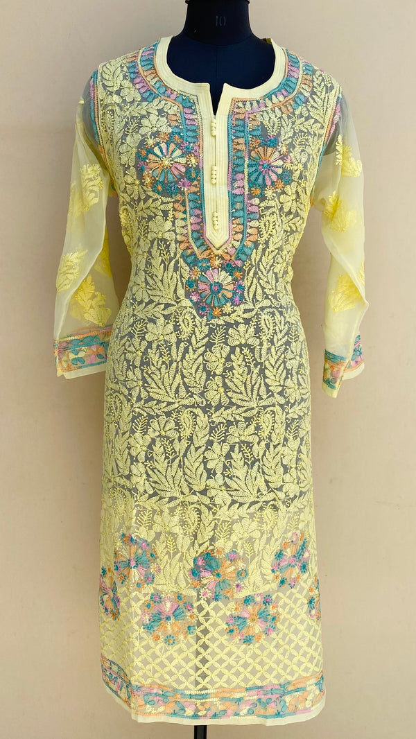 Lucknowi Chikankari Kurti Yellow Georgette With Resham Work