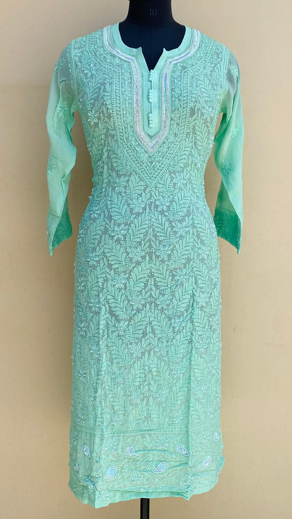 Lucknowi Chikankari Kurti Green Pure Georgette With Pearl,Sequence & Resham Work