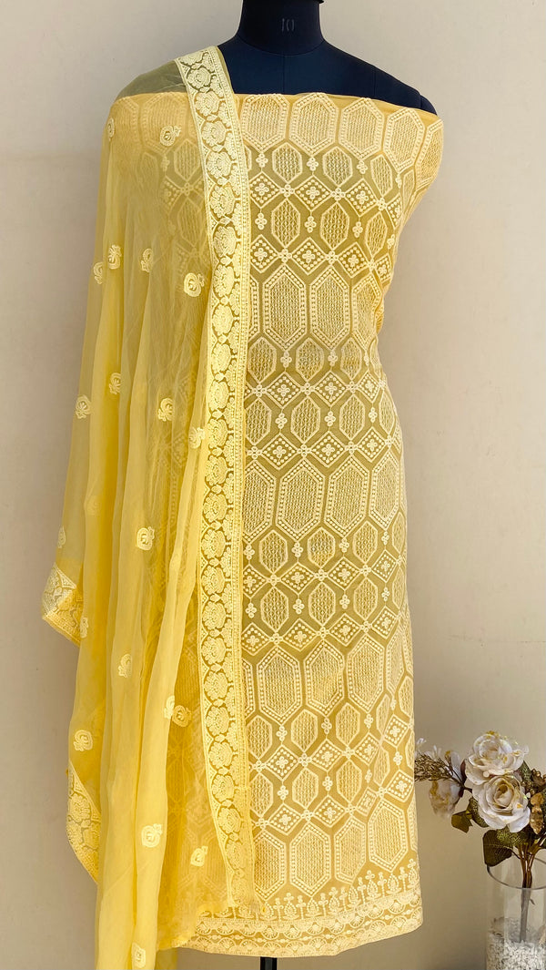 Chikankari Suit Length 3 Piece Yellow Georgette With Sequence Work