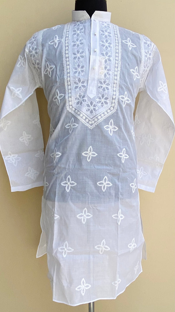 Lucknowi Chikankari Men’s Kurta White Cotton With Applique Work