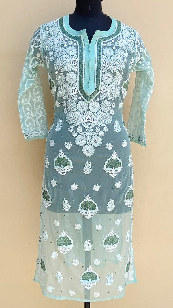 Lucknowi Chikankari Kurti Sea Green Georgette With Cutdana Work