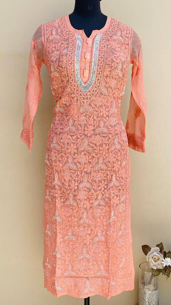 Lucknowi Chikankari Kurti Peach Organza With Pearl & Sequence Work