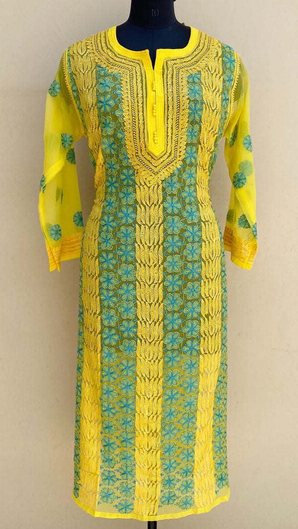 Lucknowi Chikankari Kurti Yellow Georgette With Cutdana & Resham Work