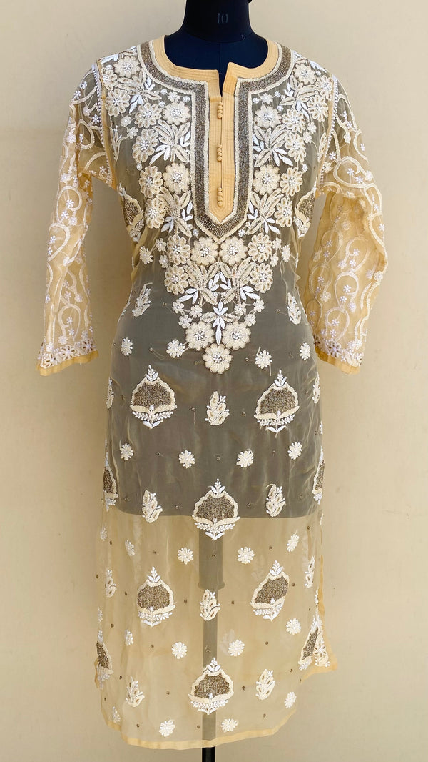 Lucknowi Chikankari Kurti Beige Georgette With Cutdana Work