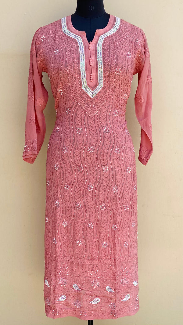 Lucknowi Chikankari Kurti Rose Pink Pure Georgette With Pearl, Sequence & Resham Work