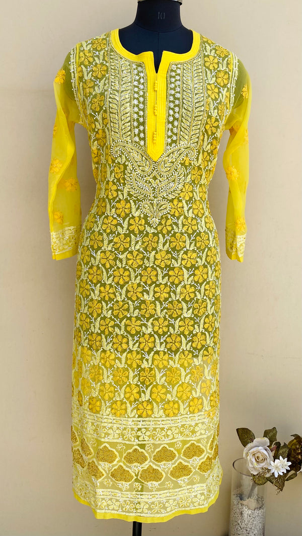 Lucknowi Chikankari Kurti Yellow Georgette With Cutdana & Resham Work