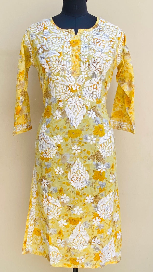 Lucknowi Chikankari Printed Kurti Yellow Mulmul Cotton