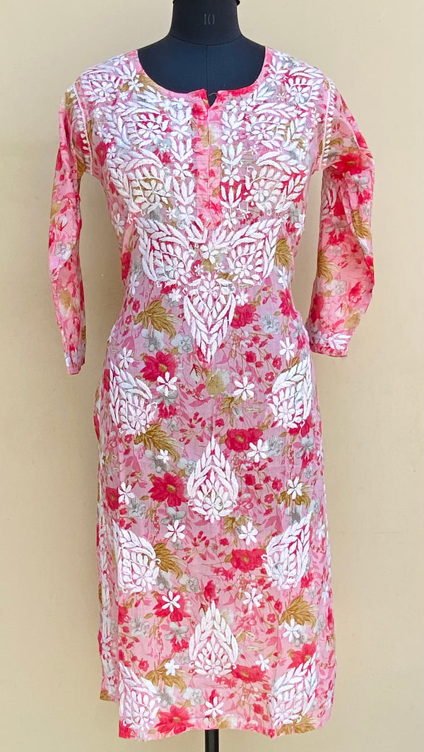 Lucknowi Chikankari Printed Kurti Pink Mulmul Cotton