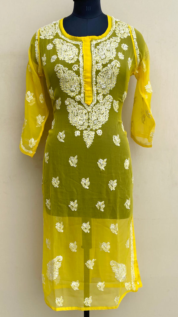 Lucknowi Chikankari Kurti Yellow Georgette With Gotta Patti Work