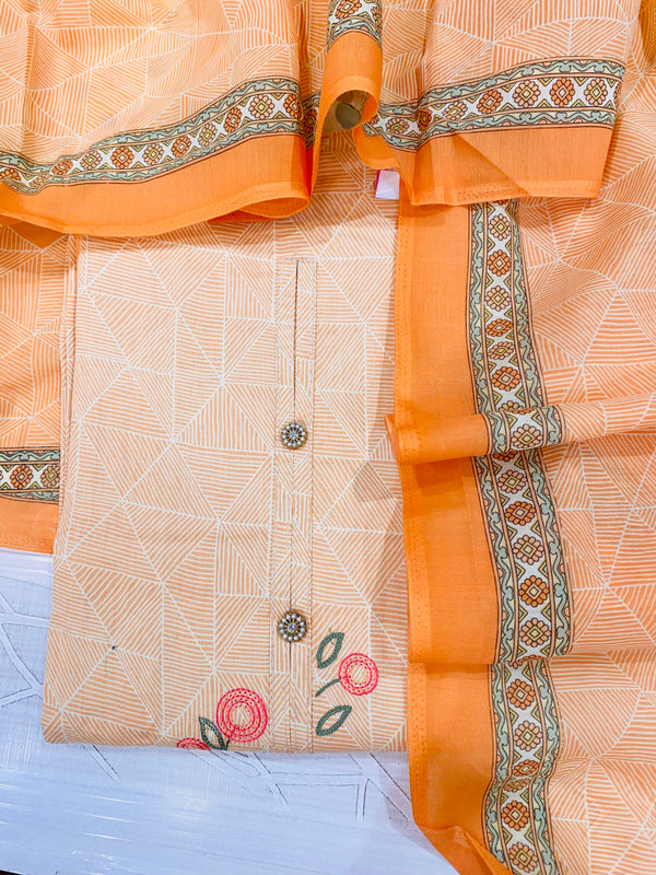 Designer Embroidered Suit Length 3 Piece Orange Mal Cotton