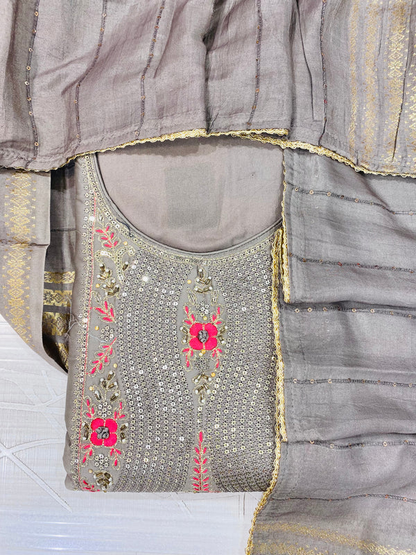 Designer Embroidered Suit Length 3 Piece Gray Mal Cotton