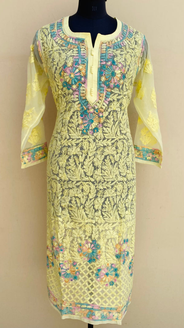 Lucknowi Chikankari Kurti Yellow Georgette With Resham Work