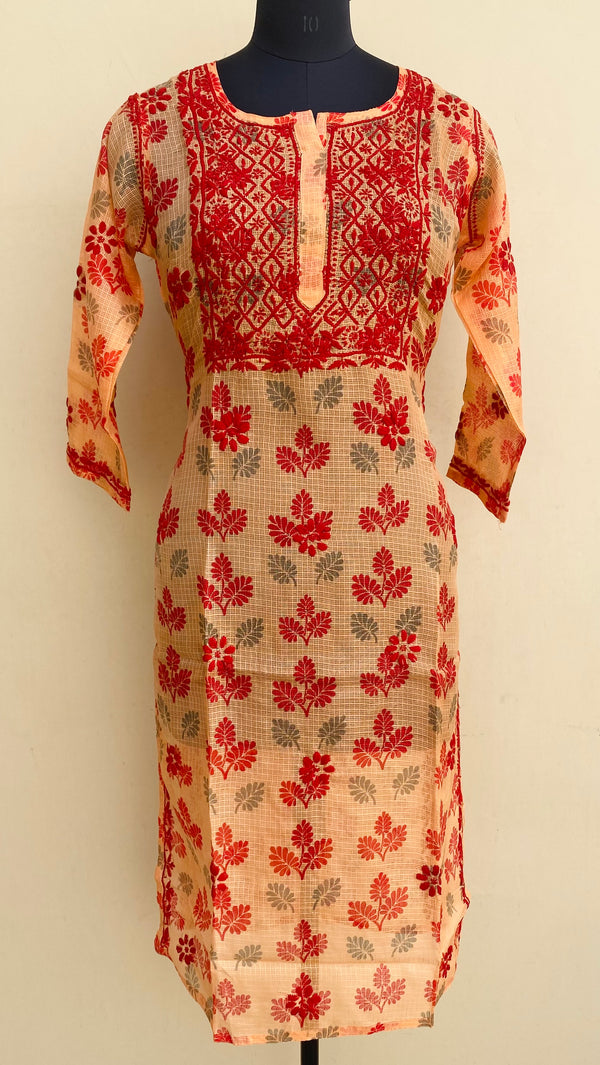 Lucknowi Chikankari Printed Kurti Orange Kota