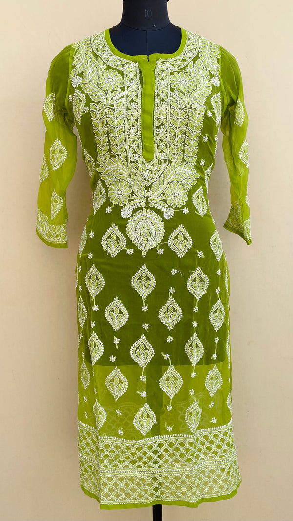 Lucknowi Chikankari Kurti Mehndi Green Georgette