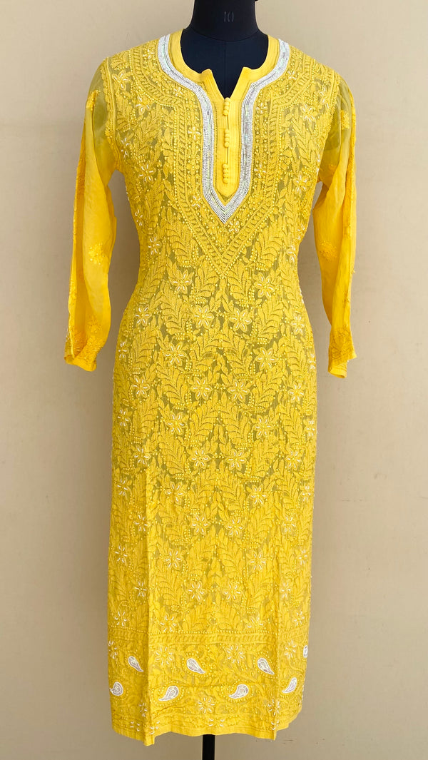 Lucknowi Chikankari Kurti Yellow Pure Georgette With Pearl & Sequence Work