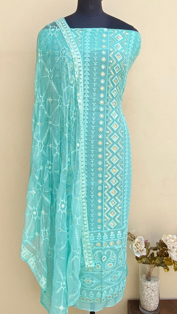 Chikankari Suit Length 3 Piece Sea Green Georgette With Sequence Work