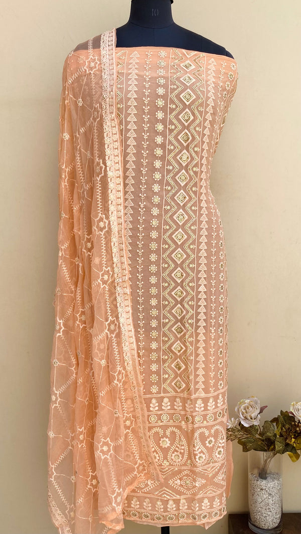 Chikankari Suit Length 3 Piece Peach Georgette With Sequence Work