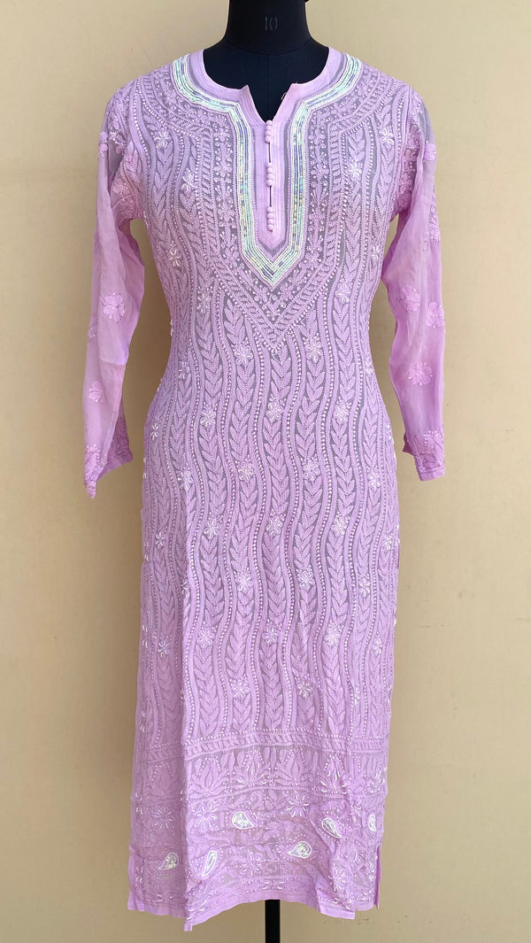 Lucknowi Chikankari Kurti Purple Pure Georgette With  Pearl & Sequence Work