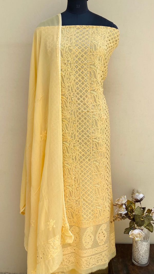 Lucknowi Chikankari Suit Length 2 Piece Yellow Pure Georgette With Mukaish Work