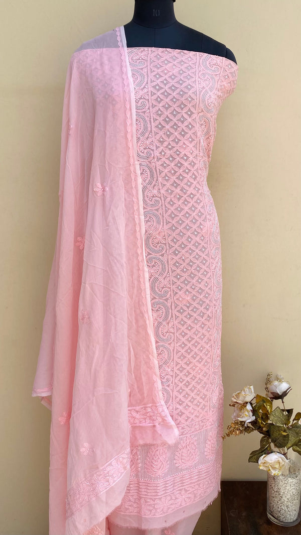 Lucknowi Chikankari Suit Length 2 Piece Pink Pure Georgette With Cutdana Work