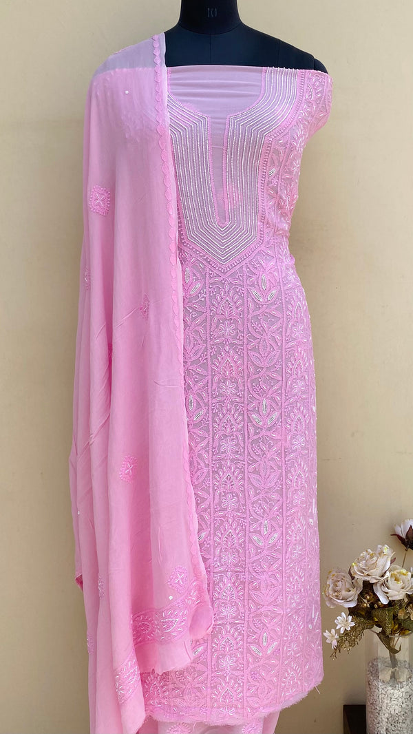 Lucknowi Chikankari Suit Length 2 Piece Pink Pure Georgette With Pearl Work