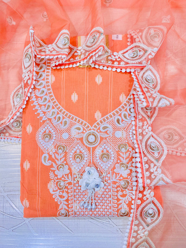 Designer Embroidered Suit Length 3 Piece Orange Mal Cotton