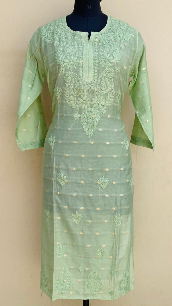 Lucknowi Chikankari Self Kurti Parrot Green Mal Chanderi With 3D Work